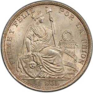 【世界に5枚！】 1915 ペルー 共和国 1/2 ソル 銀貨 女神リバティ ホセ・パルド PCGS MS64 アンティークコイン モダン 希少