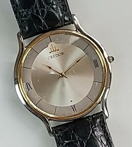 ジャンク 腕時計 SEIKO CREDOR QUARTZ 18K-BEZEL 5A74-0020 シルバー盤18K-BEZEL 社外バンド