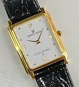 ジャンク 腕時計 UNIVERSAL GENEVE Golden Shadow QUARTZ 14KGOLD-EP ホワイト盤 純正バンド 専用ケース付