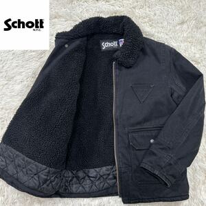 【上野商会最高傑作】極美品 SCHOTT ショット 内ボアジャケットLsize 黒 コットン 保温性抜群【極暖】ボタンロゴ ジップ刻印【お洒落感◎】