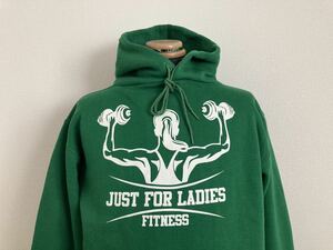 【JUST FOR LADIES FITNESS】パーカー M 厚塗りプリント 裏起毛 メンズ着用可 USA企画 普段着 ジム 筋トレなど ラッセル製 