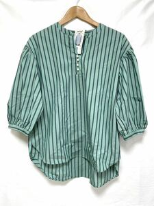  new goods #Remiel lady's stripe shirt 7 minute height cut and sewn XL green large size 