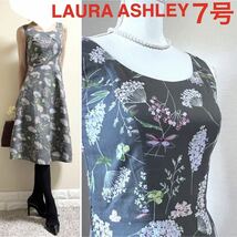 ローラアシュレイ　コットン　ボタニカル　ワンピース ドレス　7号 SM グレー　手洗いOK ドレス　フラワー　花柄　LAURA ASHLEY_画像1