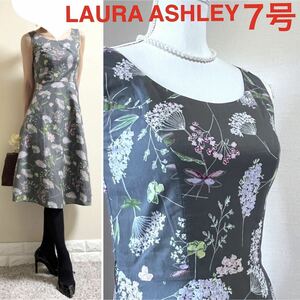 ローラアシュレイ　コットン　ボタニカル　ワンピース ドレス　7号 SM グレー　手洗いOK ドレス　フラワー　花柄　LAURA ASHLEY