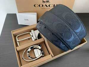 COACH コーチ　新品　リバーシブル　シグネチャー　ブラック　レザー　メンズベルト　高級感シルバーバックル