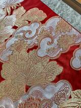 着物帯リメイク★テーブルランナー120㎝★金糸銀糸の花刺繍　金銀朱色_画像3