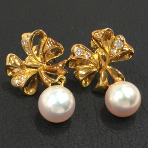 ミキモト 1P パール 真珠 ピアス リボンモチーフ ダイヤモンド K18 ゴールド 総重量約6.1g アクセサリー MIKIMOTO