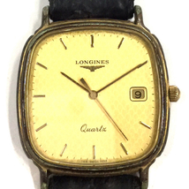 ロンジン デイト クォーツ 腕時計 メンズ ゴールドカラー文字盤 社外ベルト ジャンク品 ファッション小物 LONGINES_画像2