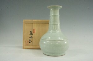 T　京焼　村田亀水　青瓷筍　瓶　　青磁花入　花器　花瓶　共箱　美品状態良好　茶道具　3937