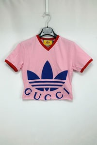 新品 GUCCI adidas グッチ アディダス 裾カットオフ Vネック クロップド Tシャツ トップス サイズXS ピンク レディース