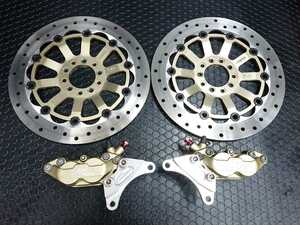 【1円～】ZRX1200R/1100等 Brembo(ブレンボ)P4 30/34 40㎜キャリパー左右+サンスターKC-101 大径320パイディスク左右+専用サポート フルSET