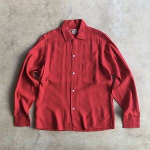 【Bud Berma】オープンカラー レーヨンシャツ/USA製 レッド 赤 極上 ギャバシャツ ロカビリー デットストック ビンテージ 50s60s