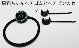 【カテゴリー変更OK】(H-6)ハンドメイド　ヘアゴムとヘアピンのセット　黒猫　ネコちゃん ヘアゴムセット　レジン　ねこ　