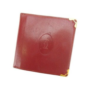 カルティエ 二つ折り財布 コンパクトサイズ レディース 角プレート付き マストライン ボルドー×ゴールド 中古