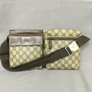 060111 255364 GUCCI　グッチ GGスプリーム ウエストポーチ ボディバッグ PVC GG柄 レザー ブラウン メンズ レディース