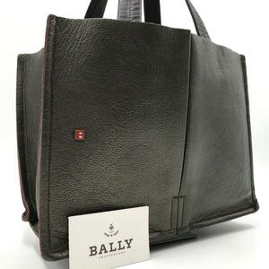 【美品】BALLY バリー メンズ ビジネス A4 ハンドバッグ トート オールレザー Bロゴプレート ブラックグレー系×レッド 保存袋付き