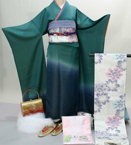  long-sleeved kimono kimono full set silk green .. small articles till 20 point complete set all ..7 days rental ( stock ) cheap rice field shop [ rental ]R146