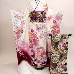  long-sleeved kimono kimono full set silk 100 flower .. small articles till 20 point complete set all ..7 days rental coming-of-age ceremony ( stock ) cheap rice field shop [ rental ]R61