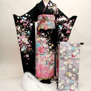  long-sleeved kimono silk kimono full set 100 flower .. small articles till 20 point complete set all ..7 days rental ( stock ) cheap rice field shop [ rental ]R88