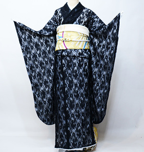  long-sleeved kimono race long-sleeved kimono kimono single goods .. brand new total race black ground coming-of-age ceremony wedding betrothal present new goods ( stock ) cheap rice field shop NO39484