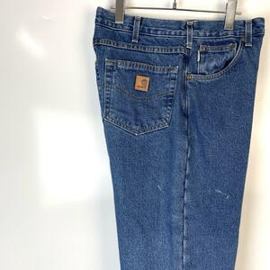 カーハートCarhartt B155DSTデニムパンツ革タグ裏地フリースブルー