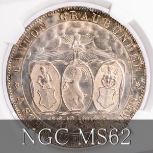 【栄光のスイス射撃祭 初年号】1842年 スイス グラウビュンデン 4フランケン 銀貨 NGC MS62 Switzerland Graubunden 美トーン アンティーク