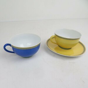 HERMES エルメス マグカップ ソーサー カップ2個 ソーサー1枚 青 黄色 食器 ティーカップ コーヒーカップ / 80 (SGF013609D)