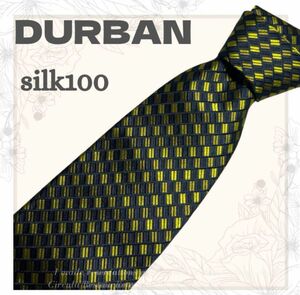 【DURBAN】美品 総柄 ネクタイ ネイビー 黄色 絹 シルク 日本製 光沢 ハイブランド パターン柄 イタリア生地