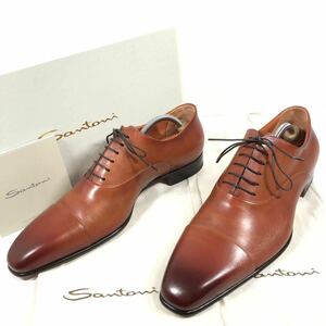 美品【サントーニ】基準内 Santoni 靴 27cm 茶 ストレートチップ ビジネスシューズ 内羽根式 本革 レザー 男性用 メンズ 伊製 8 1/2 箱有