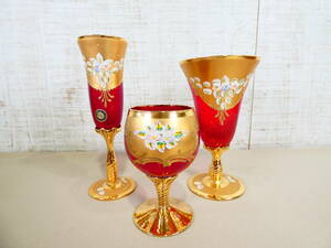  ◇MURANO GLASS ムラーノ ガラス グラス ワイングラス 3点 イタリア ベネチアングラス＠80 