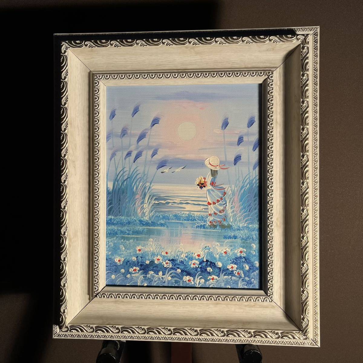 Handgeschriebenes Ölgemälde „Mädchen mit Blick auf das Meer, gerahmtes Gemälde, Ölgemälde im Innenbereich, Malerei, Ölgemälde, Natur, Landschaftsmalerei