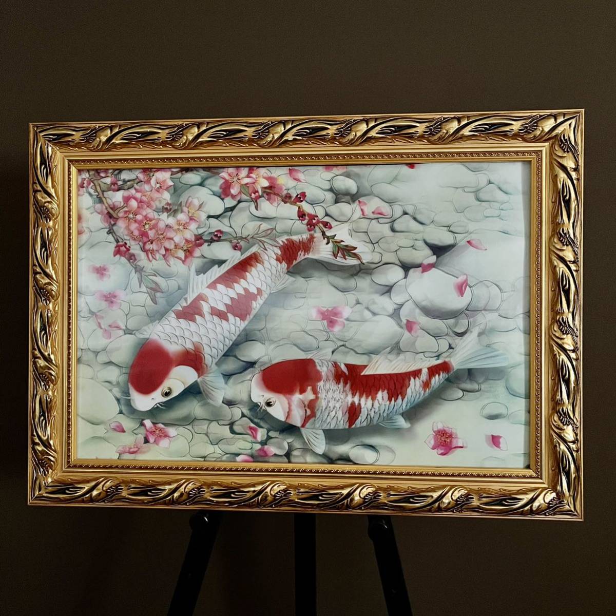 Intérieur de peinture encadrée de fleurs de cerisier et de carpe d’art 3D, Ouvrages d'art, Sculpture, objet, objet