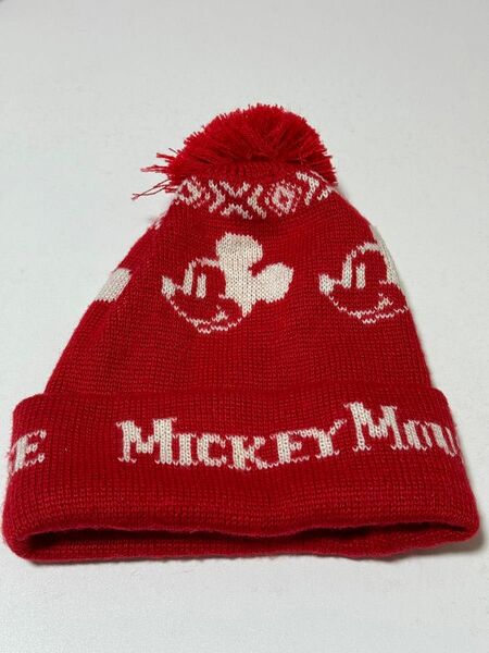 ミッキー　ディズニー　スキーグッズ　スノーボード　帽子　レディース　ニット　冬物 ニット帽 レッド 男女兼用 ボンボン