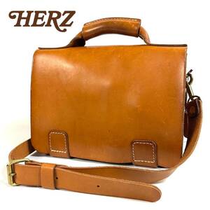 【希少品】HERZ ヘルツ フラップ式 総被せ 横型2WAY ハンドバッグ ショルダーバッグ BC-13 ナチュラルレザー キャメル Sサイズ 定価46200円