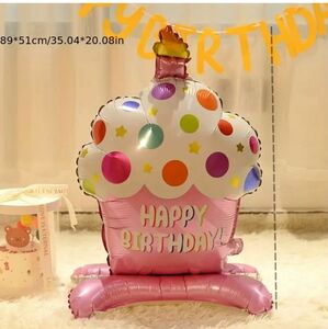 大きなバースデーバルーン　カップケーキ　ピンク　ロウソク付き　スタンディングケーキバルーン　誕生日パーティー　アルミフィルム