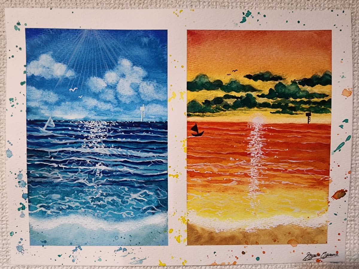 海 風景画 絵 水彩画 アート インテリア, 絵画, 水彩, 自然, 風景画