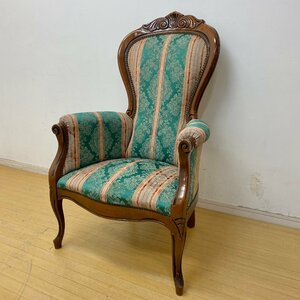 1 jpy ~/ antique style * arm chair 1 seater . salon chair cat legs cloth-covered studs tack strike . European Classic ro here Nagoya wooden 4