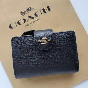 【新品】コーチ　COACH 新作　二つ折り財布　無地　ブラック