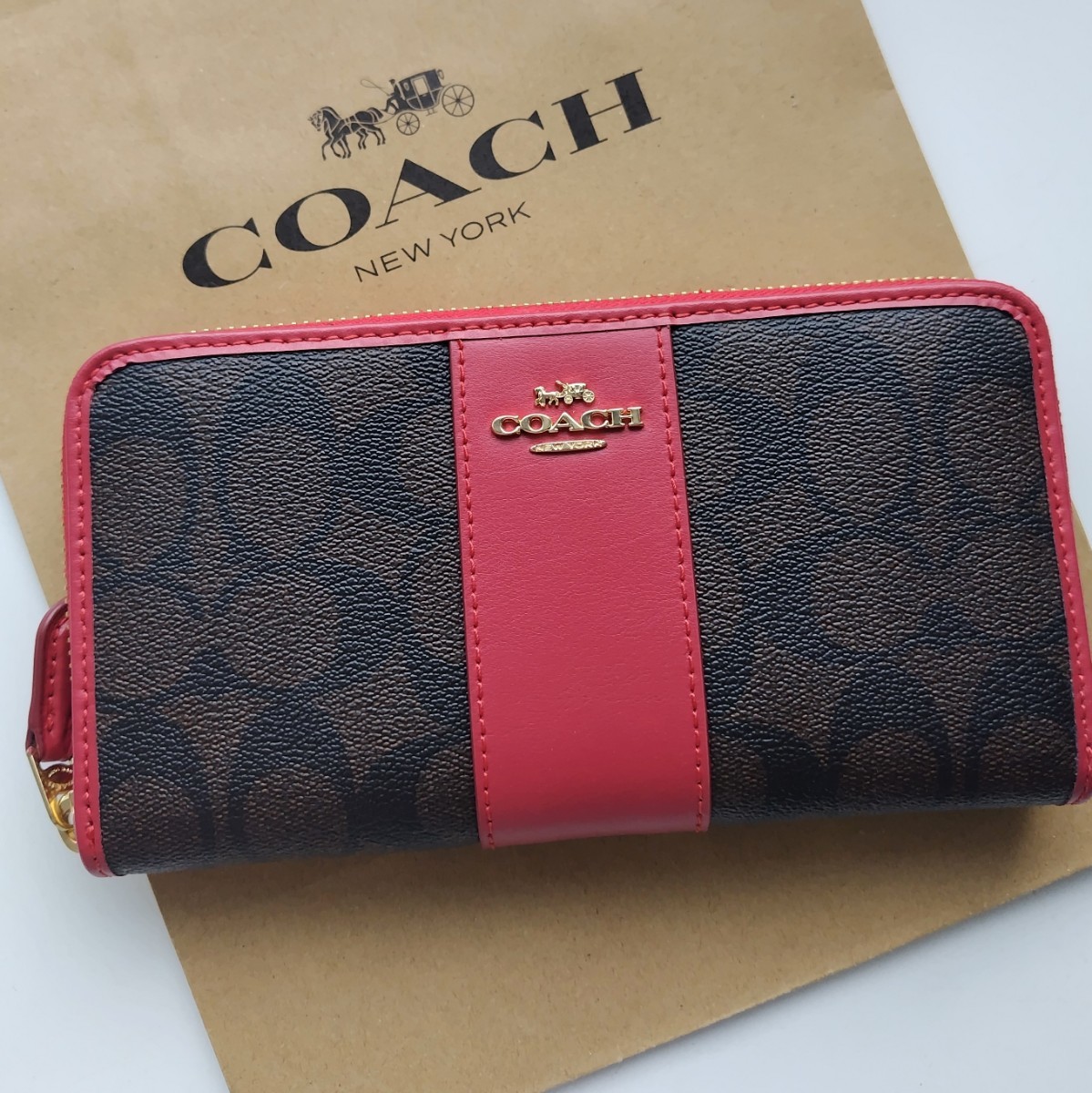 新品】COACH コーチ 長財布 シグネチャー ブラウン ピンク｜Yahoo