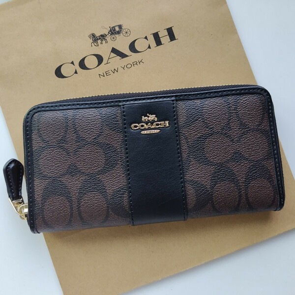 【新品】COACH コーチ 長財布 シグネチャー 　ブラウン　ブラック