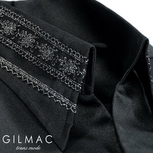 6#36744-2 GILMAC 無地 イタリアンカラー 襟チュールレーステープ 長袖ドレスシャツ メンズ(ブラック黒) S スキッパー 舞台 パーティー