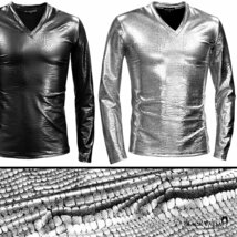 183711-si BlackVaria ロンT クロコダイル Vネック 光沢 メタリック 長袖Tシャツ mens メンズ(シルバー銀) M ステージ衣装 ピカピカ_画像4