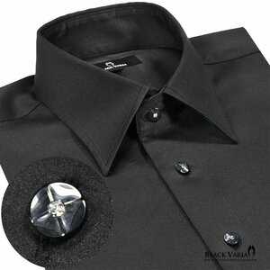 21170-3bk サテンシャツ ラインストーンボタンドレスシャツ パウダーサテン レギュラーカラー パーティー メンズ (ブラック黒・ボタンB) M