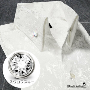 191254-whS BLACK VARIA ジャガード薔薇花柄 スキッパー スワロフスキーBD ドレスシャツ スリム メンズ(ブラックダイヤ釦 ホワイト白) M