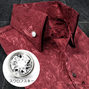191254-winS BLACK VARIA ジャガード薔薇花柄 スキッパー スワロフスキーBD ドレスシャツ スリム メンズ(ブラックダイヤ釦・ワイン赤) XL