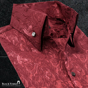 191254-win BLACK VARIA 薔薇 花柄 スキッパー ジャガード ボタンダウン ドレスシャツ スリム 無地 メンズ(ワインレッド赤) L 舞台 衣装