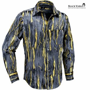 231903-bkgo BLACK VARIA フロッキー＆ラメプリント ドレスシャツ レギュラーカラー メンズ(ブラック黒ゴールド金) XL ステージ衣装 派手