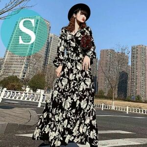 レディースワンピース ロング 長袖 ティアード カシュクール 花柄 黒 S