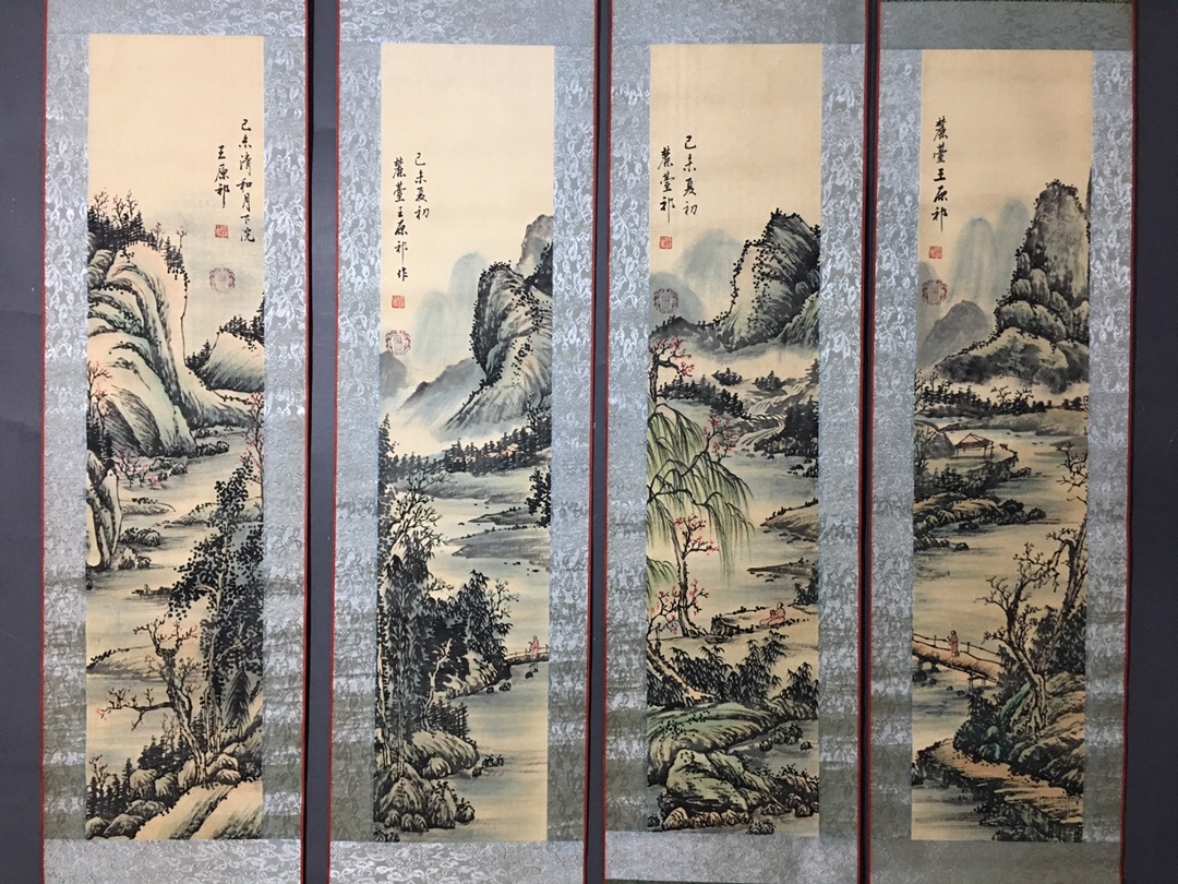 神秘物品中国器物水墨画中国清代画家王元琪四条平中堂山水画国画时期物品中国艺术卷轴水墨珍品杰作老奖中国玩具古董老美味ZSL01-17, 艺术品, 绘画, 其他的