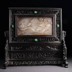 Art hand Auction Hizo Qing Dynasty Black Sandalwood Inlaid Jewelry White Jade Relief Folding Screen Wooden Box Old Folk Tools Wooden Furniture Tool Box Period Item Antique Art Antique Prize Chinese Antique Antique Antique ZSL01-07, hobby, culture, hand craft, handicraft, others